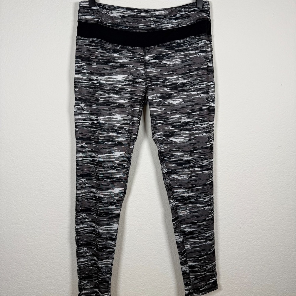 Lululemon Leggings Women Size 10 Grey Black Abstract Print Mesh Panel Activewear
